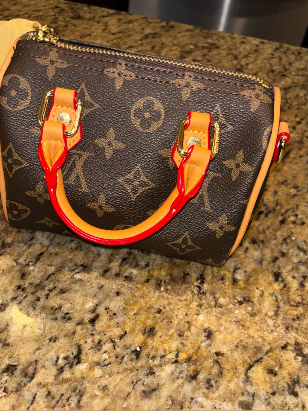 Brown Monogram Satchel with Red-Orange Handles - Picture 1 of 9